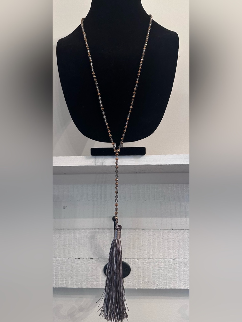 Long Beaded Tassel Necklace - Gray